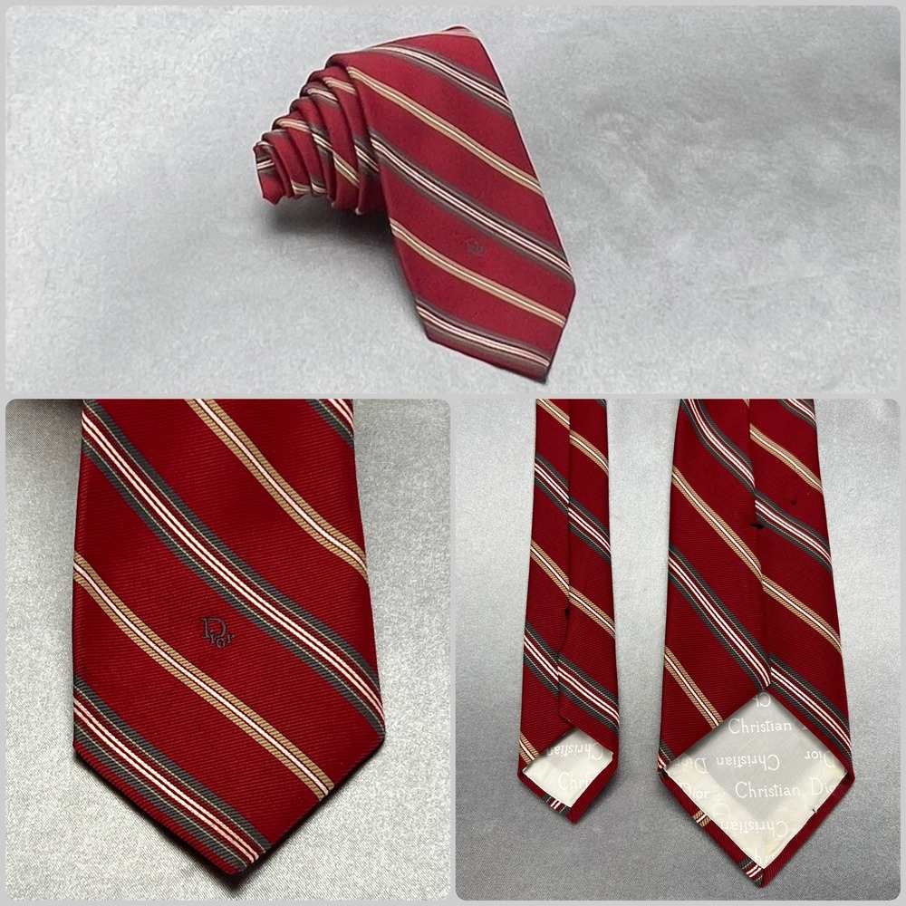 Christian Dior Mens Silk Tie Red Diagonal Stripe Embroidered Logo 54in Vintage